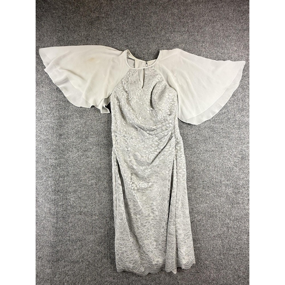Oleg Cassini Dress Womens 8 Silver Lace Ruched Flutter Sleeve Sheath Formal